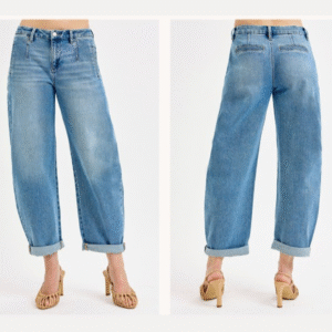 mid rise fit barrel roll up jeans
