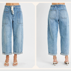mid rise fit barrel roll up jeans