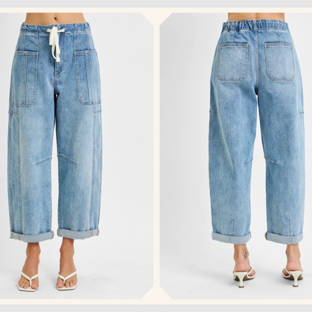 mid rise fit barrel roll up jeans